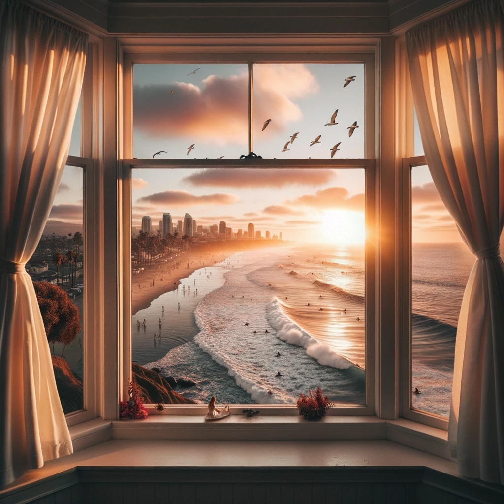 Elegant bay window framing a breathtaking view of San Diego's coastline, golden sunset, and soaring birds.