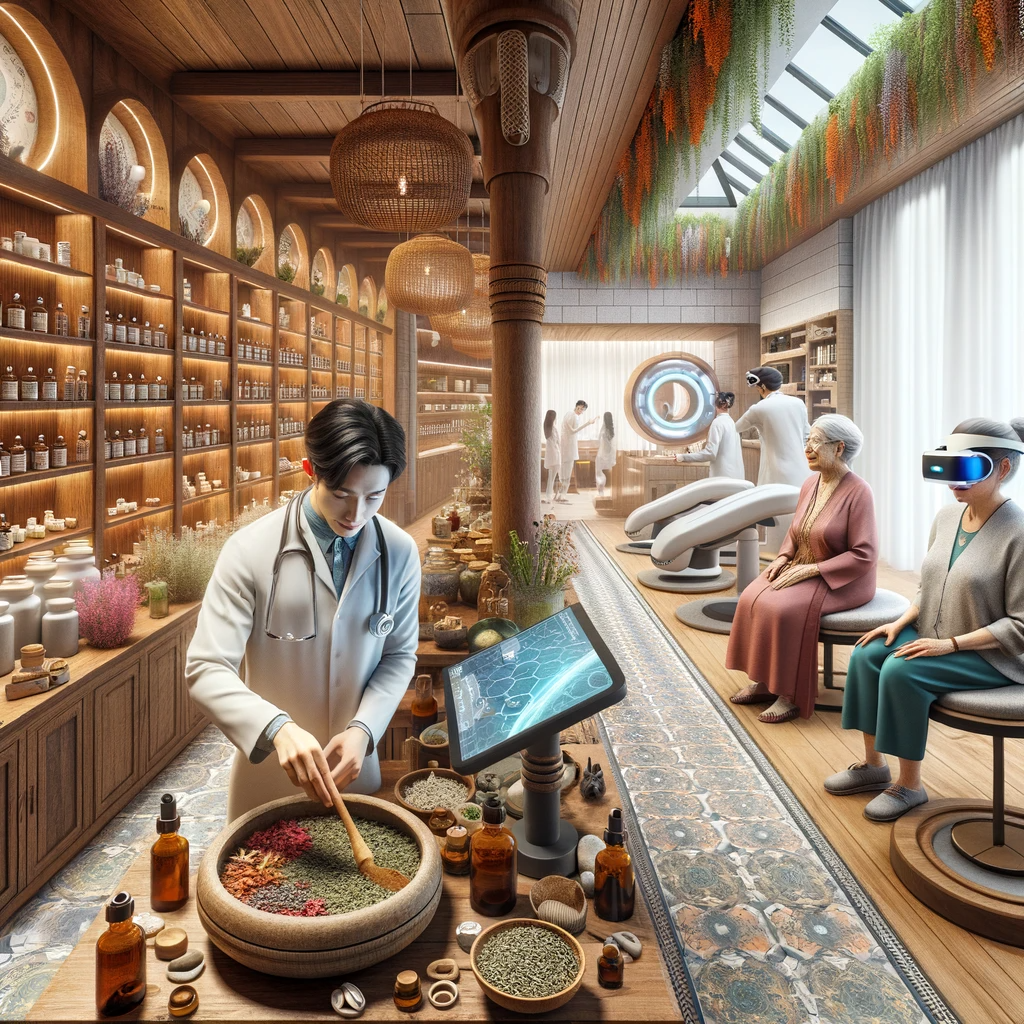 Wellness Center in Indianapolis combining traditional herbal apothecary with modern medical technology, featuring practitioners assisting clients in both settings.