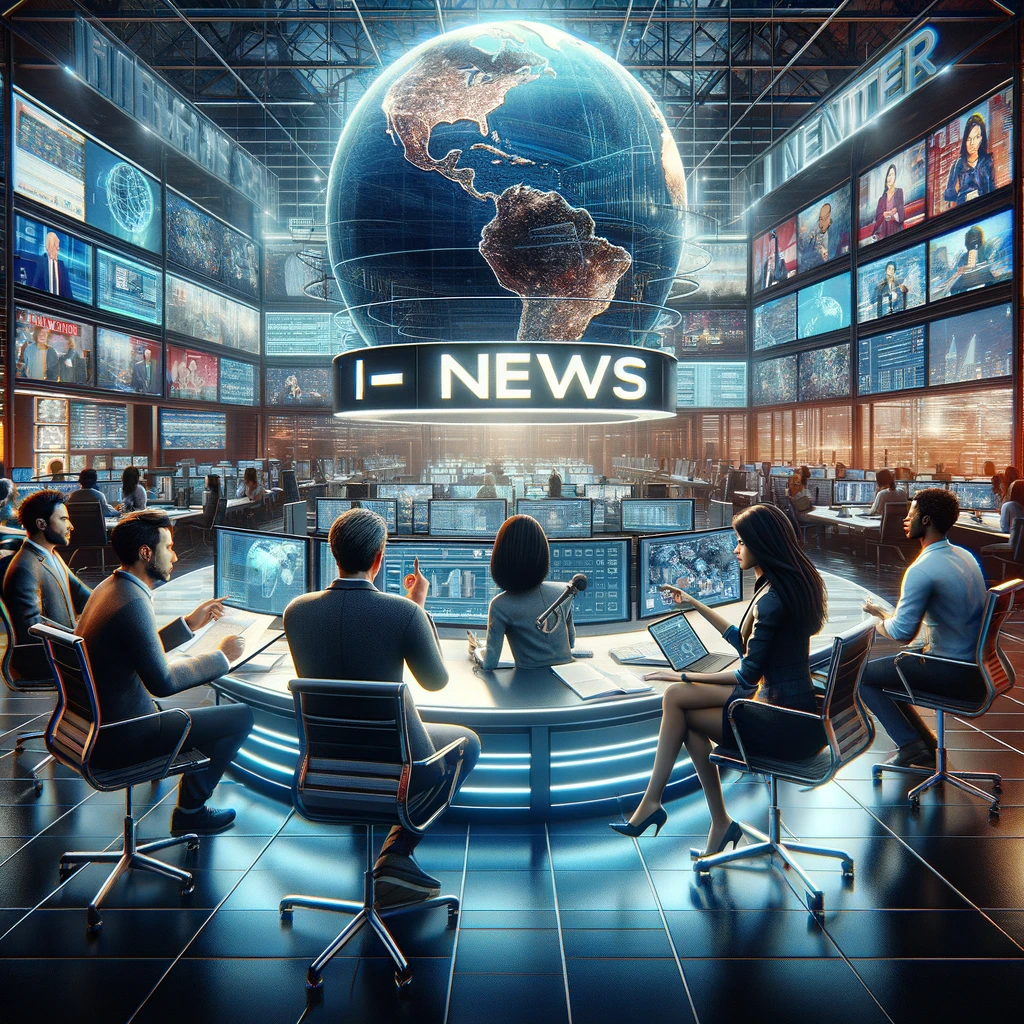 Modern news center with diverse journalists and multiple screens showing global news.