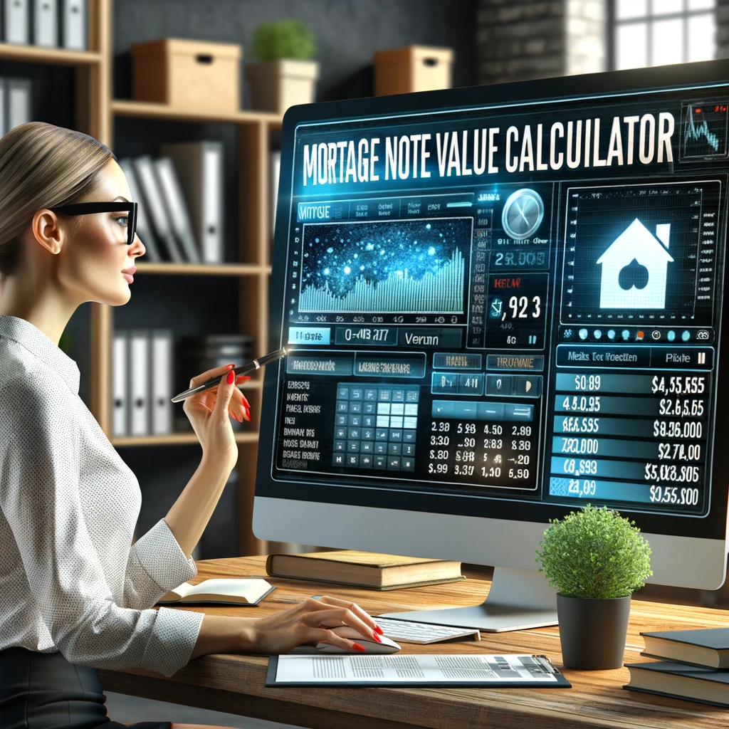Mortgage note expert using value calculator on office monitor.